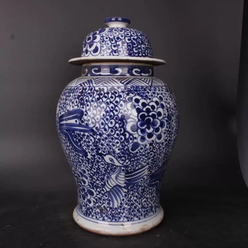 青花凤凰缠枝纹将军罐 景徳鎮 陶磁器 装飾品 現代工芸品 美術品 置物
