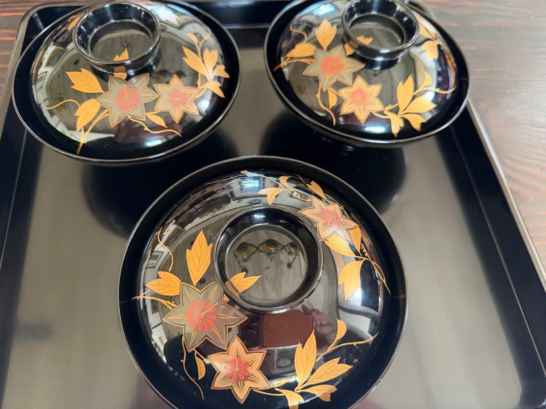 輪島塗（重要無形文化財）高級汁椀　鉄仙図　 3客