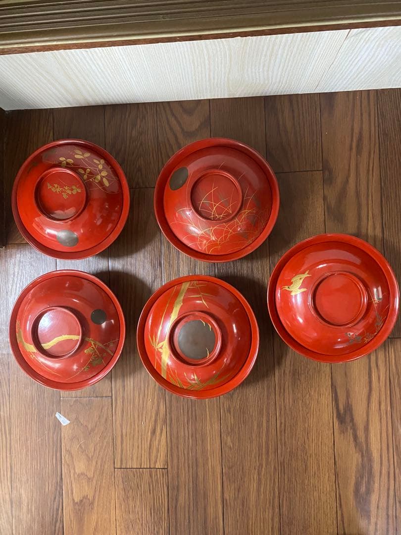 値下げしました　輪島塗　漆器　椀　5客　蒔絵　絵変わり　満月　夜景　三日月　月