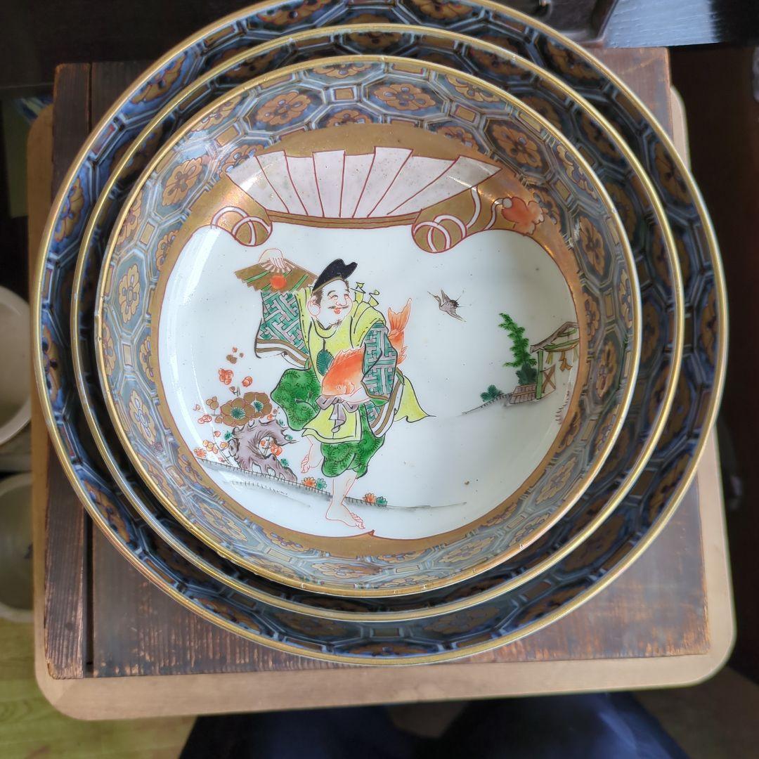 骨董 古伊万里 鉢 大中小 恵比寿 美品 盛り鉢 器 染錦 ３つ 飾り鉢