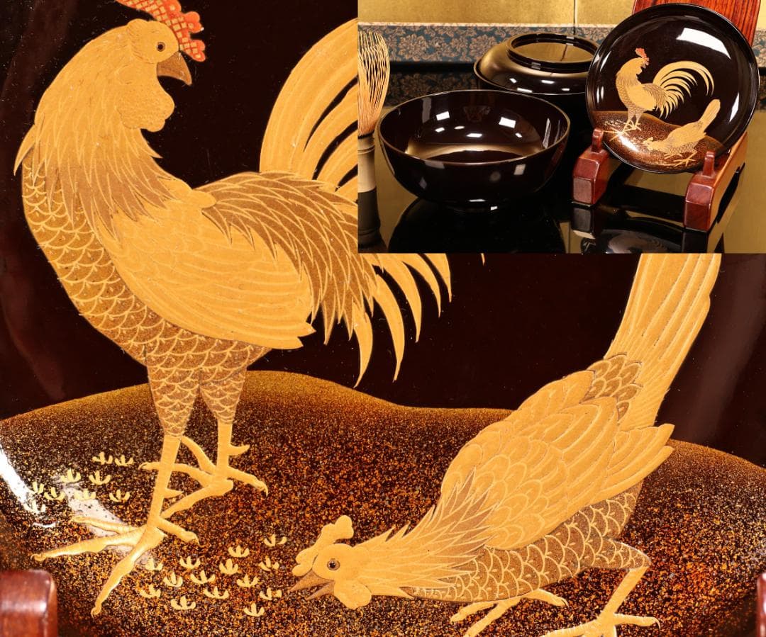 BK414　時代輪島塗　竹鶏図金蒔絵　吸物鶏　二客　木製　茶道具 懐石 会席