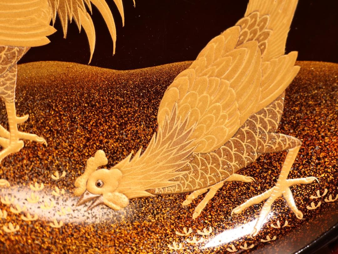 BK414　時代輪島塗　竹鶏図金蒔絵　吸物鶏　二客　木製　茶道具 懐石 会席