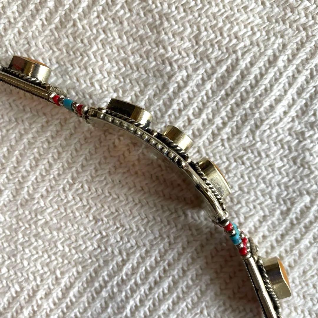 チベット銀象嵌細工ブレスレット 琥珀調 ターコイズ 珊瑚 伝統工芸シルバー