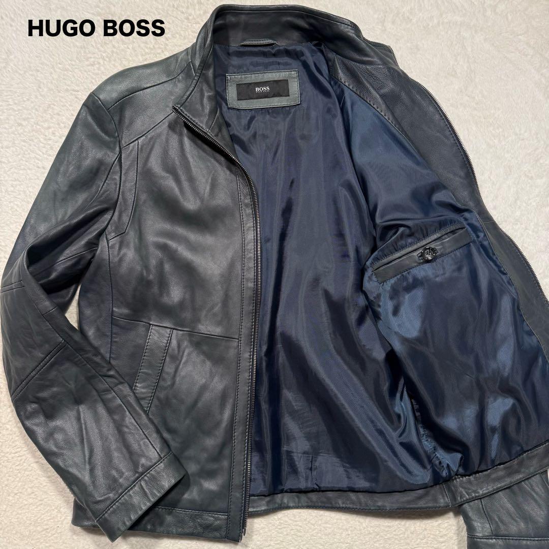 希少カラー ネイビー系 ヒューゴボス シングルライダースジャケット 羊革 M相当