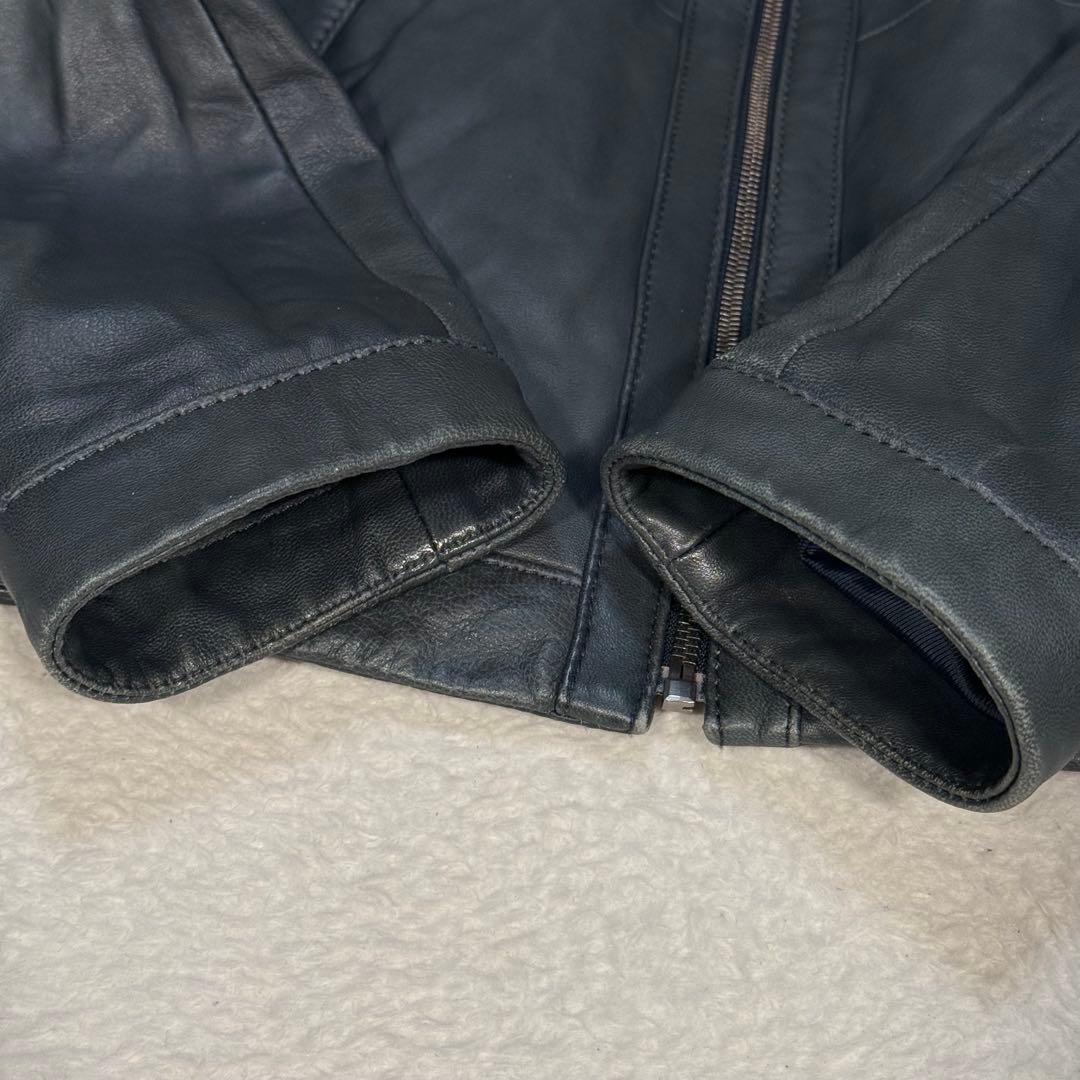 希少カラー ネイビー系 ヒューゴボス シングルライダースジャケット 羊革 M相当