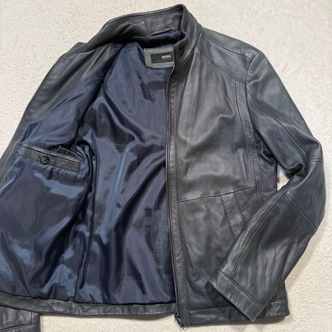 希少カラー ネイビー系 ヒューゴボス シングルライダースジャケット 羊革 M相当