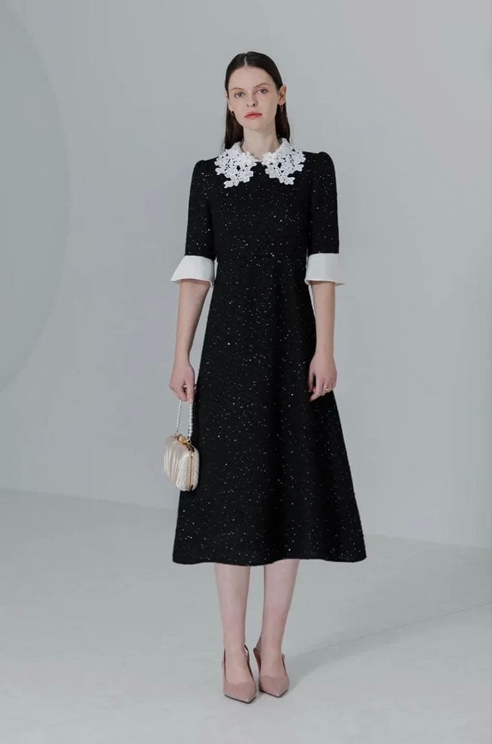 【LEJA】花柄レースカラースパンコールAラインワンピースドレス ブラックS