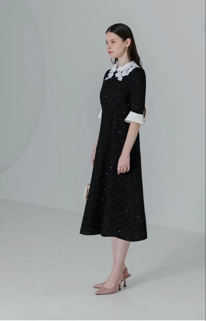 【LEJA】花柄レースカラースパンコールAラインワンピースドレス ブラックS