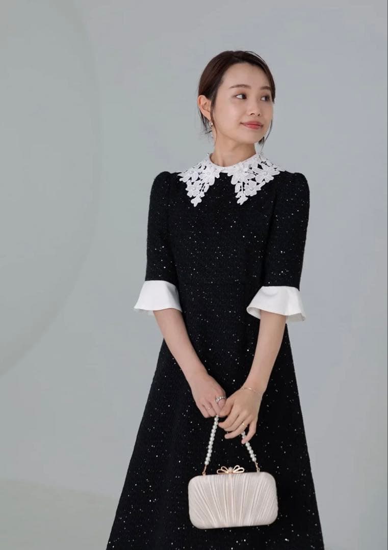 【LEJA】花柄レースカラースパンコールAラインワンピースドレス ブラックS