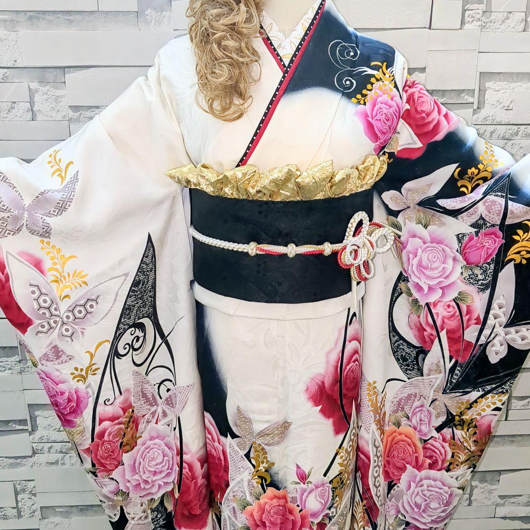 振袖セット 振袖フルセット 正絹振袖 銀通し 駒刺繍 薔薇 蝶 金彩 白 90