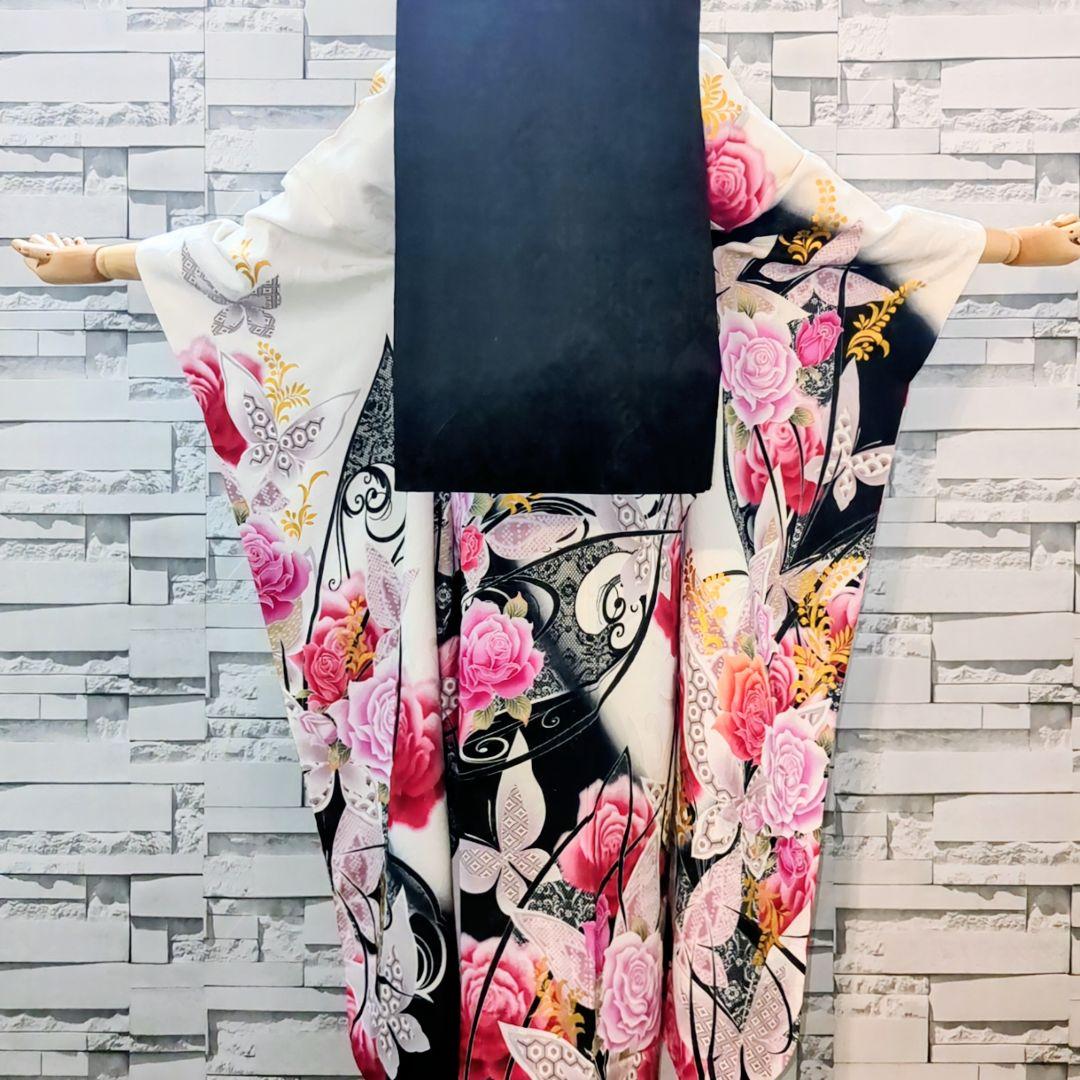 振袖セット 振袖フルセット 正絹振袖 銀通し 駒刺繍 薔薇 蝶 金彩 白 90