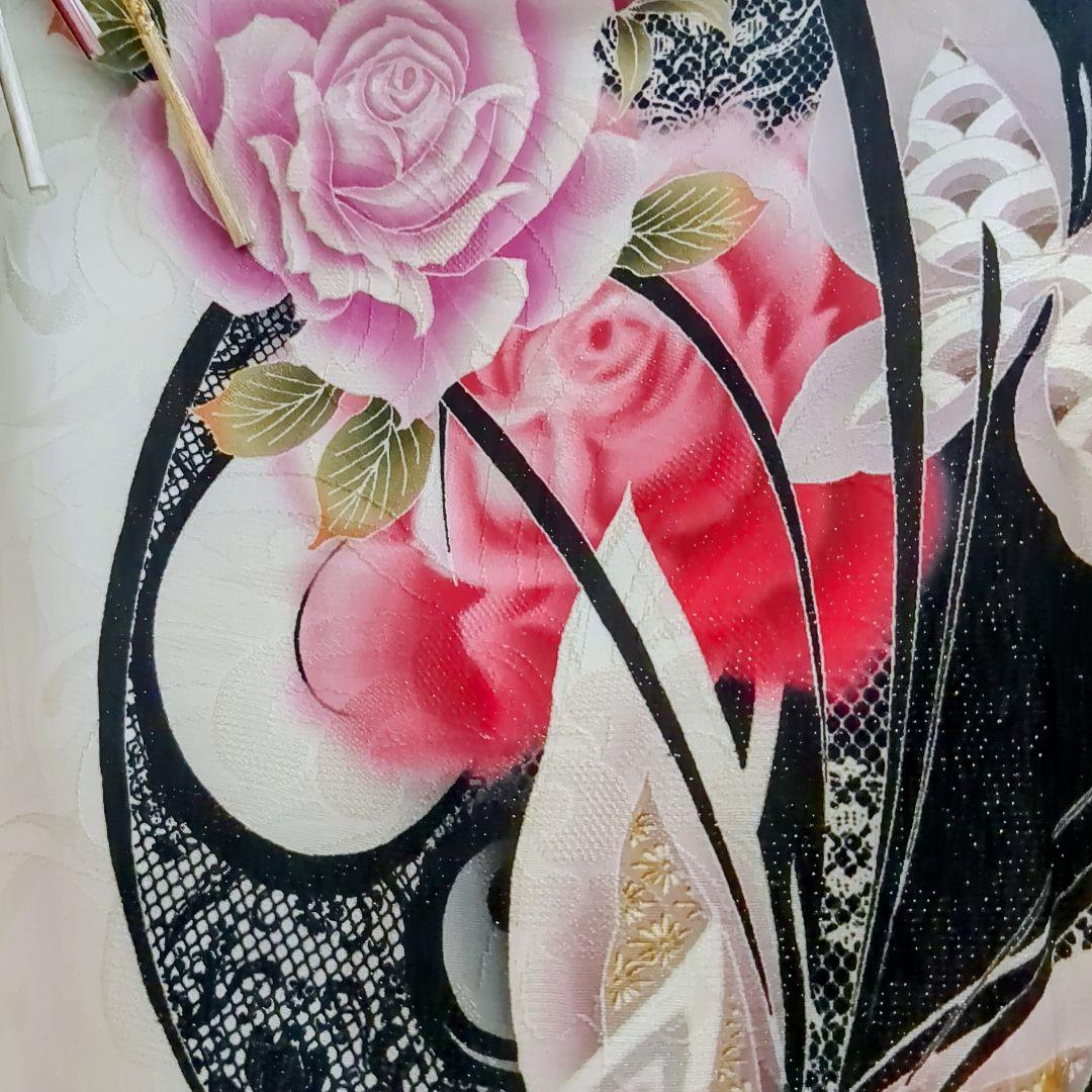 振袖セット 振袖フルセット 正絹振袖 銀通し 駒刺繍 薔薇 蝶 金彩 白 90