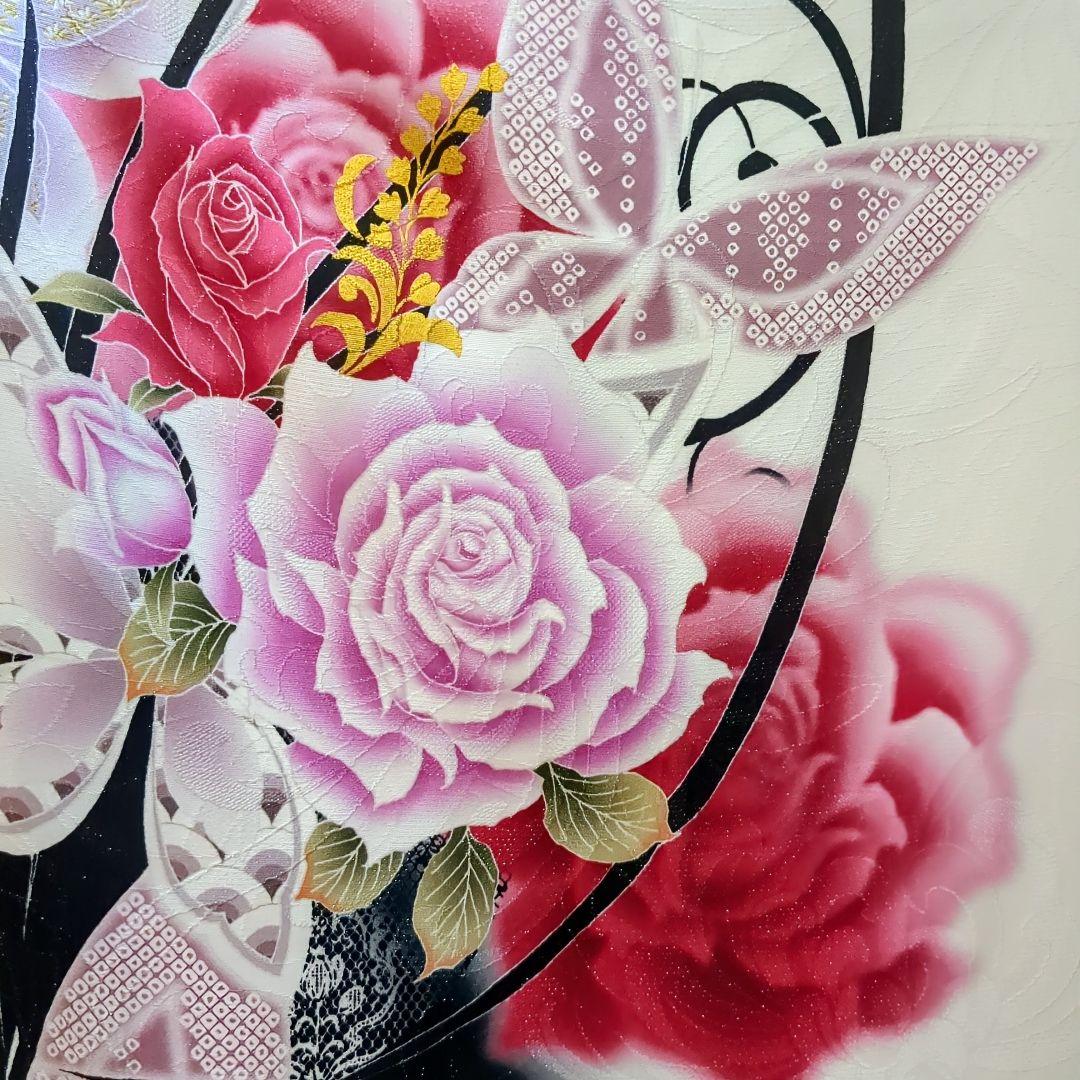 振袖セット 振袖フルセット 正絹振袖 銀通し 駒刺繍 薔薇 蝶 金彩 白 90