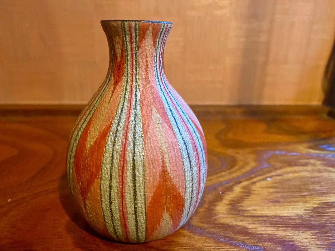 極上！福野道隆作優美な繊細画の《赤絵絣文》（検笠間焼花器徳利ルーシーリー