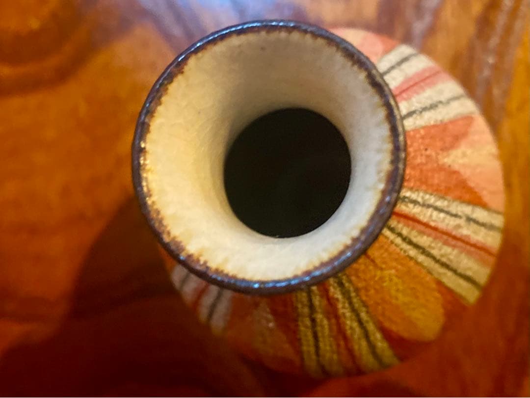 極上！福野道隆作優美な繊細画の《赤絵絣文》（検笠間焼花器徳利ルーシーリー