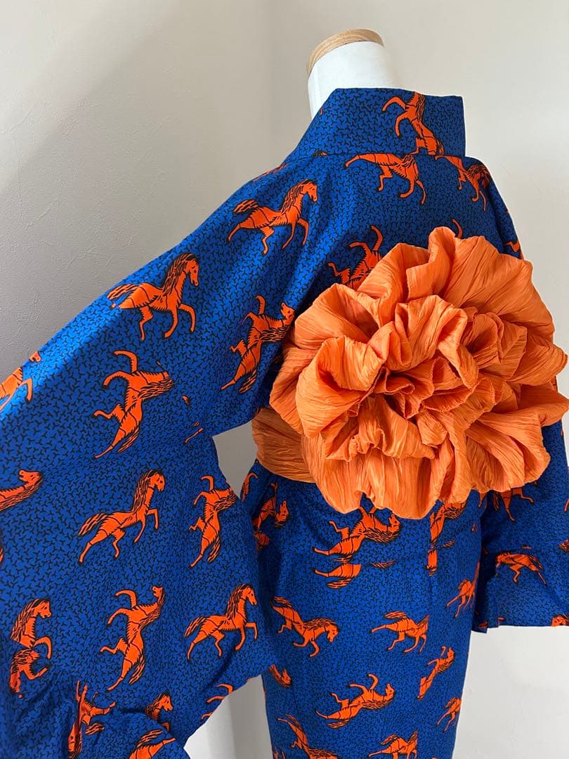 アフリカ布 浴衣 レディース フリル 着物 ハンドメイド 1点もの 馬柄 青