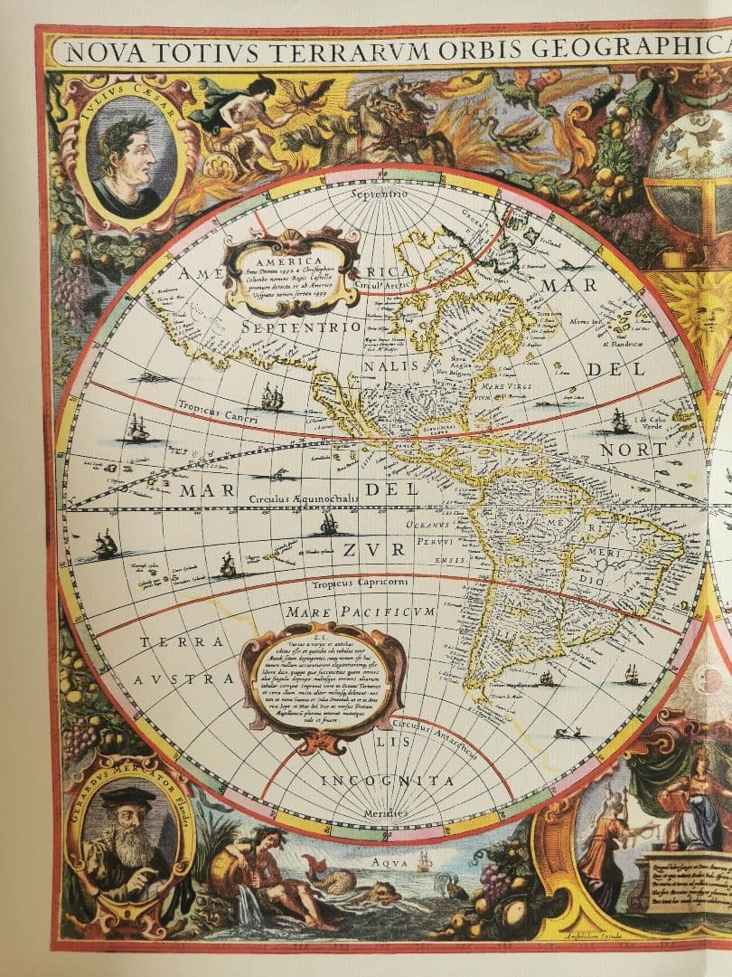 アンティーク ドイツ ローゼル 1641年の世界地図復刻 四元素 版画風印刷紙