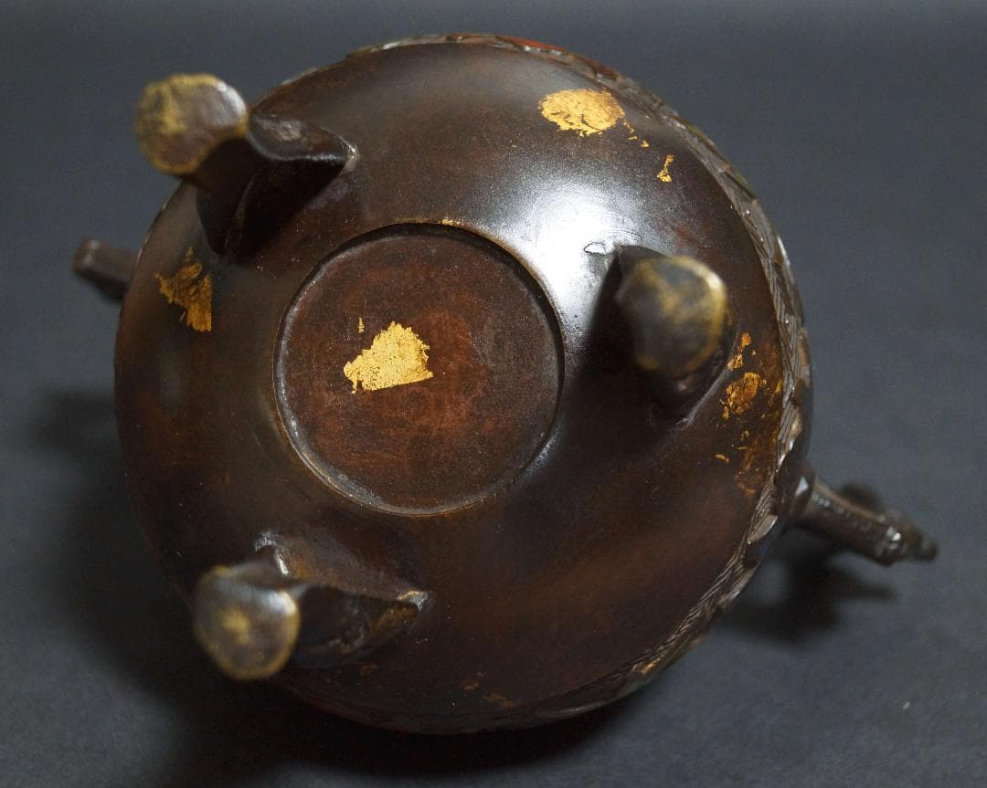 明治期 銅製 七宝焼金工細工『花唐草文』香炉 塗金 双耳透かし蓋 獅子摘 茶道具