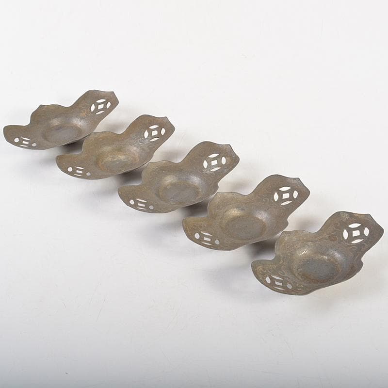 中国　古錫　洸存周款　木瓜式　茶托　五客　合計約186g　V　R7463