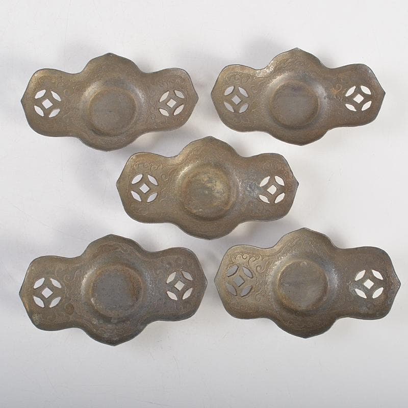 中国　古錫　洸存周款　木瓜式　茶托　五客　合計約186g　V　R7463