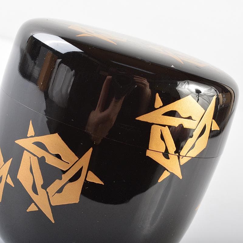 茶道具　輪島塗　岡本陽斎作　鱗鶴蒔絵　黒中棗　共箱　V　R5809