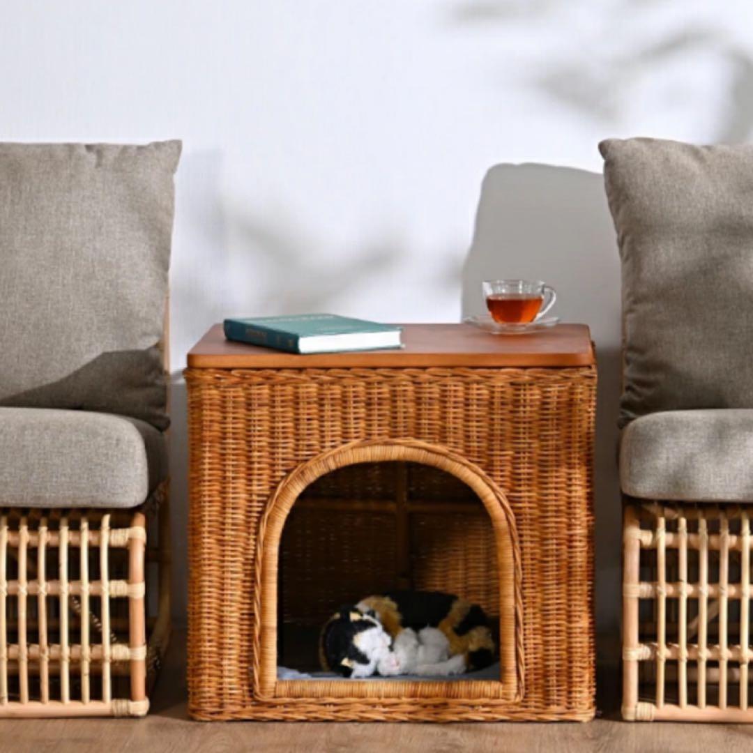 ラタン　ペットハウス クッション付き　籐製サイドテーブル