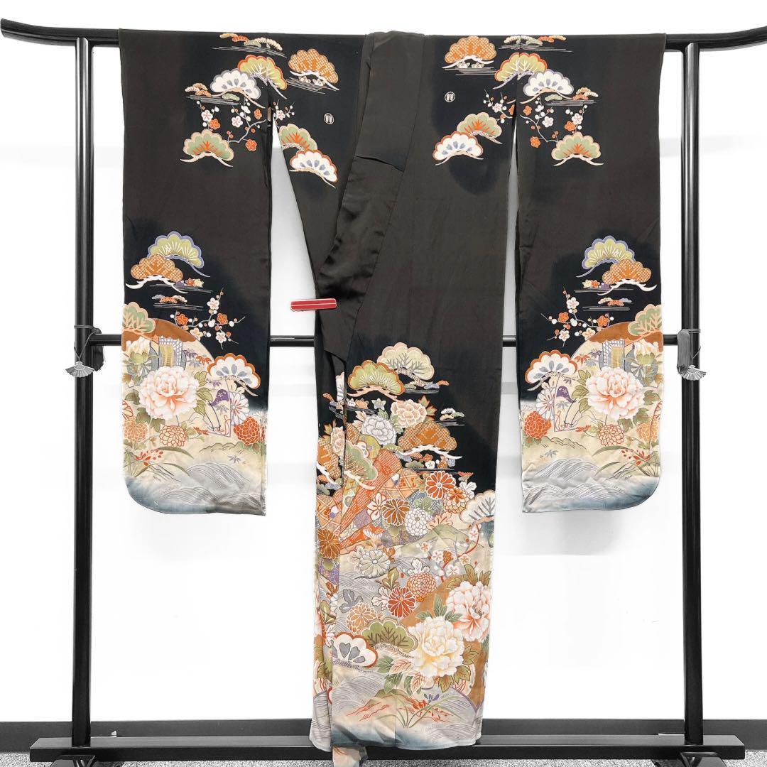 振袖　アンティーク　単衣　貝桶　御所車　花模様　着物　024w