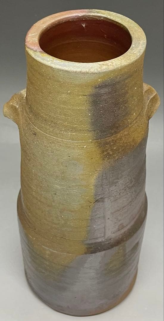 人間国宝　藤原雄　備前花入　耳付花入　備前焼　共箱(四方桟盛蓋) 栞　C 313