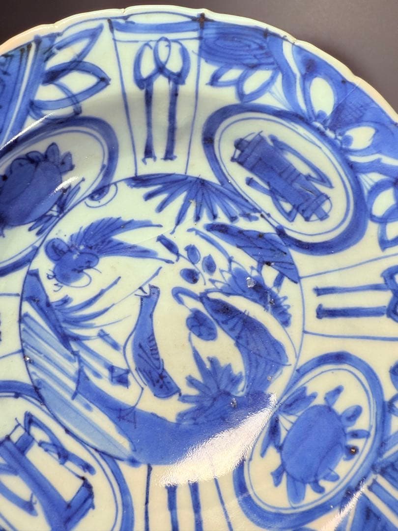 江戸時代　古伊万里　染付芙蓉手輪花型向付　南京手　直径15.5㎝　希少品