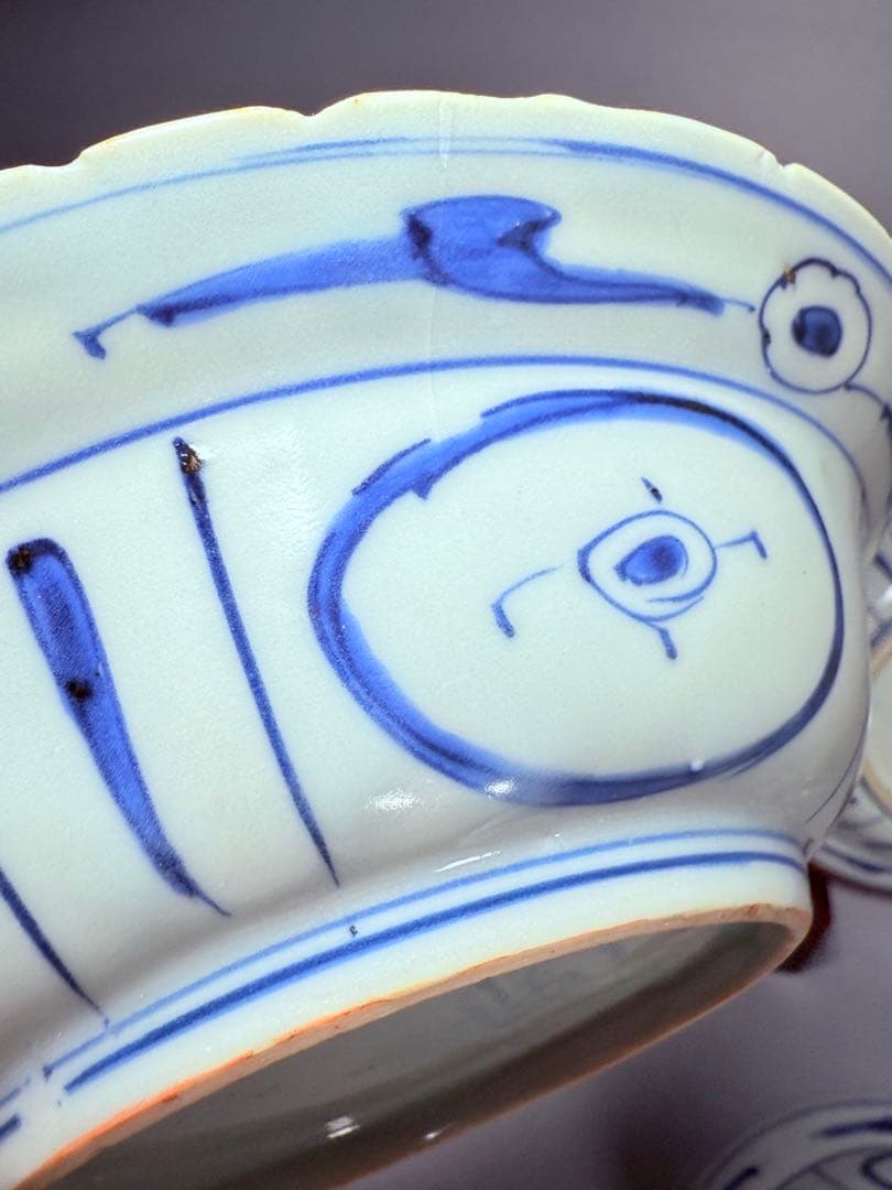 江戸時代　古伊万里　染付芙蓉手輪花型向付　南京手　直径15.5㎝　希少品