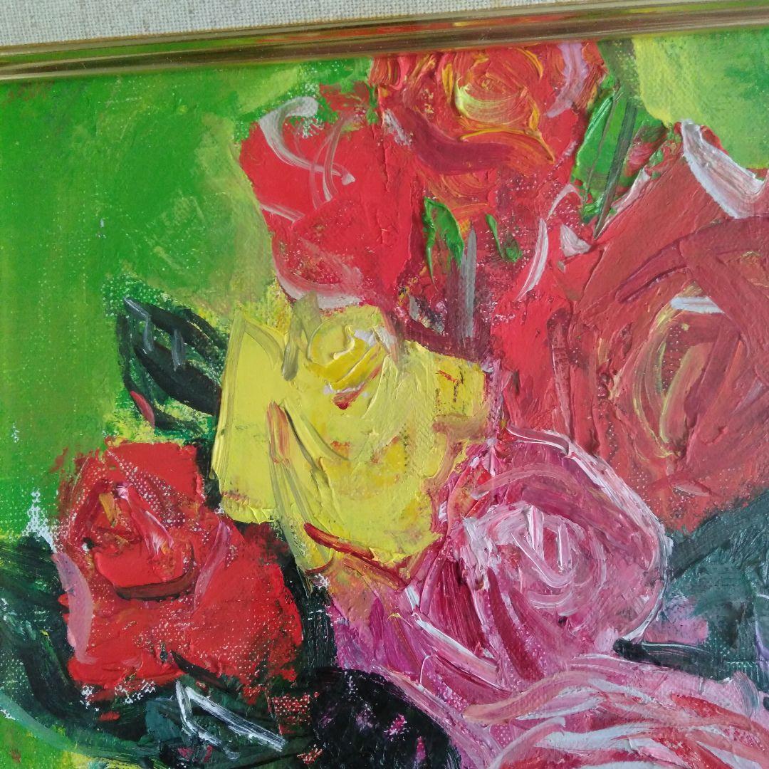 安井賞画家　矢野欣二　「バラ」　油彩画 　木製額縁付き 　F3号　箱付き