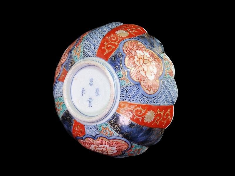 古伊万里　金襴手　窓絵　牡丹の図　輪花鉢　菓子鉢　E900AS-CUq