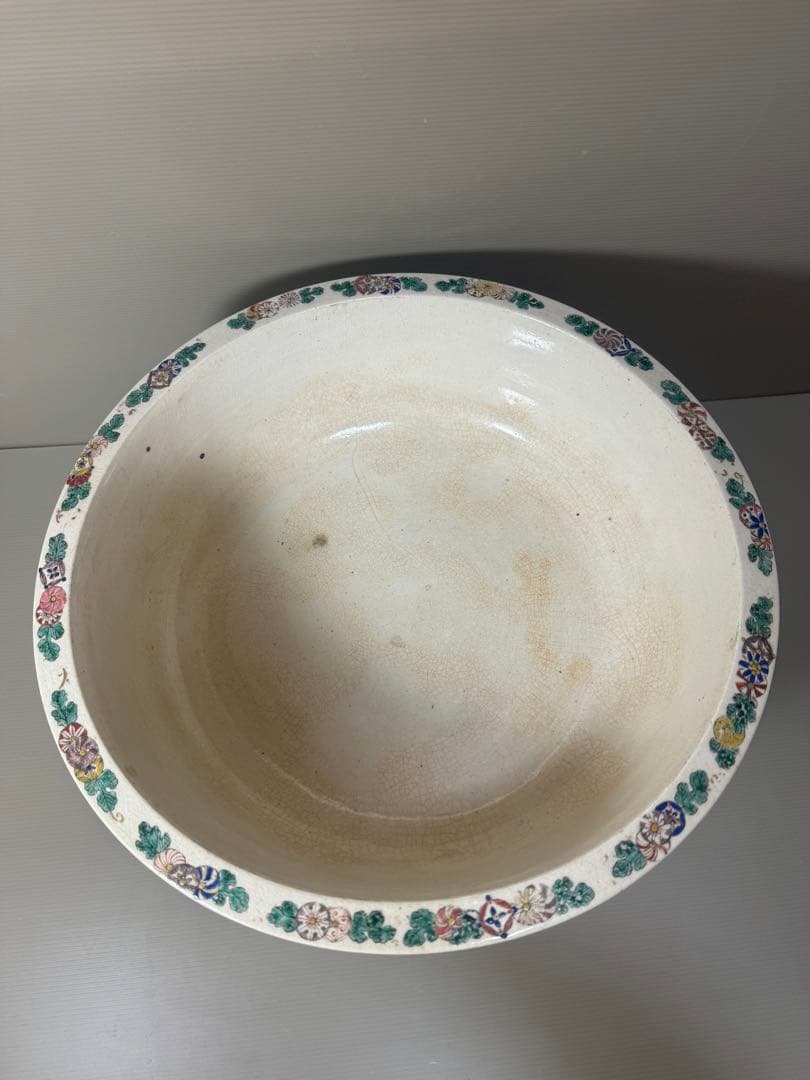 2175 骨董　色絵魚文　金魚鉢　花台付き　根木風　時代物