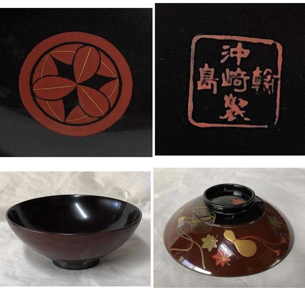 e2641 蒔絵 吸物椀 十客 木箱入り 瓢箪 紅葉 打出の小槌 木製 漆塗