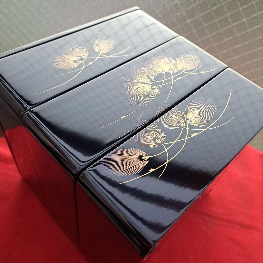【会津漆器　6,5寸\"3段重箱】天然木製　寿松葉蒔絵　未使用品