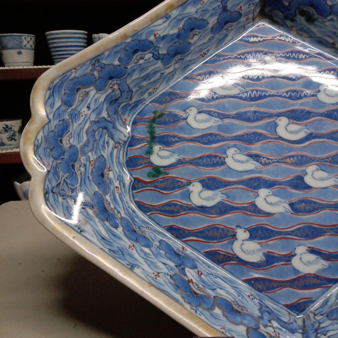 古伊万里　色絵染付　珍品　五葉松縁　波千鳥文　擬宝珠型皿　変形皿　尺皿　江戸後期
