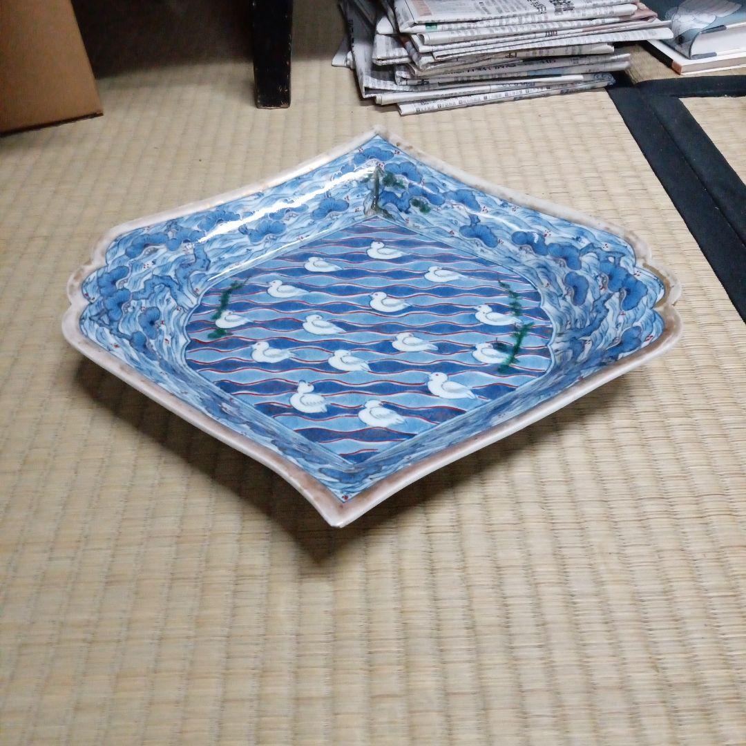 古伊万里　色絵染付　珍品　五葉松縁　波千鳥文　擬宝珠型皿　変形皿　尺皿　江戸後期