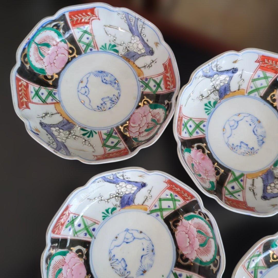 骨董　伊万里　色絵　なます皿　皿　陶器　梅に燕　花弁形　5枚〜