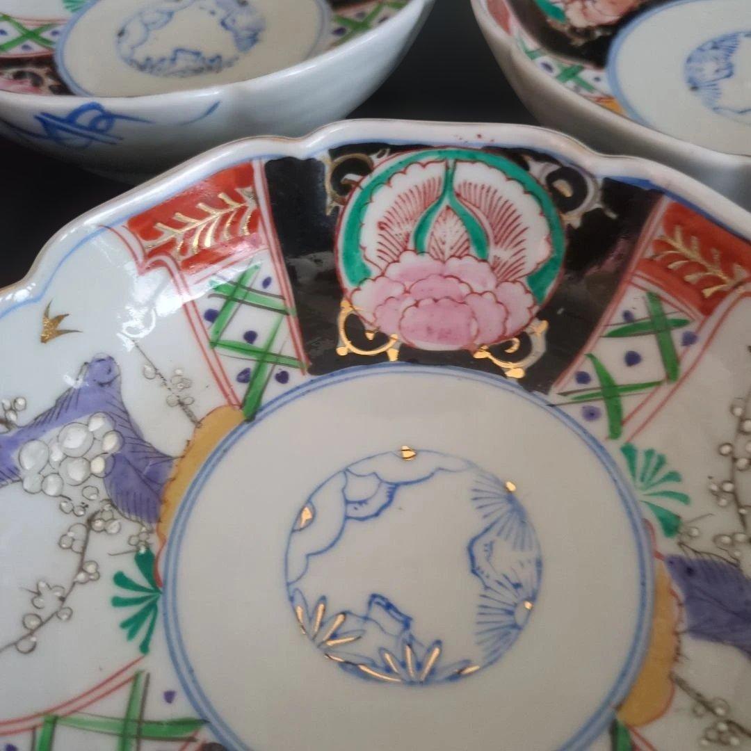 骨董　伊万里　色絵　なます皿　皿　陶器　梅に燕　花弁形　5枚〜