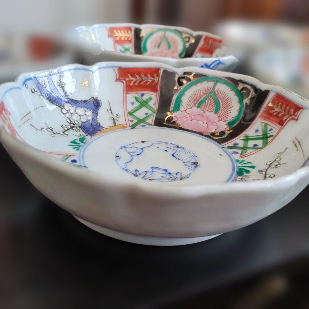 骨董　伊万里　色絵　なます皿　皿　陶器　梅に燕　花弁形　5枚〜