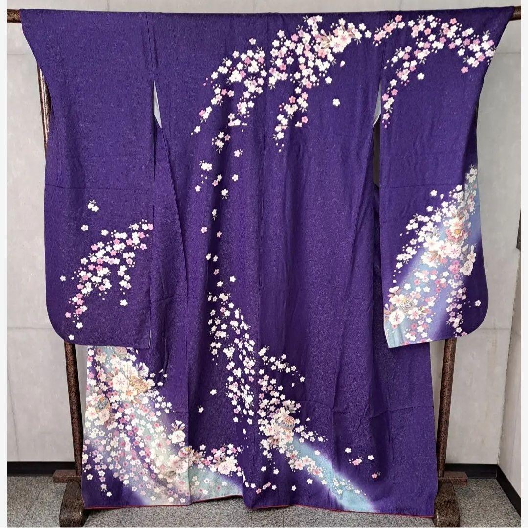 未使用に近い フルセット 正絹振袖 ラメ入ブルー桜柄 成人式 卒業式に最適