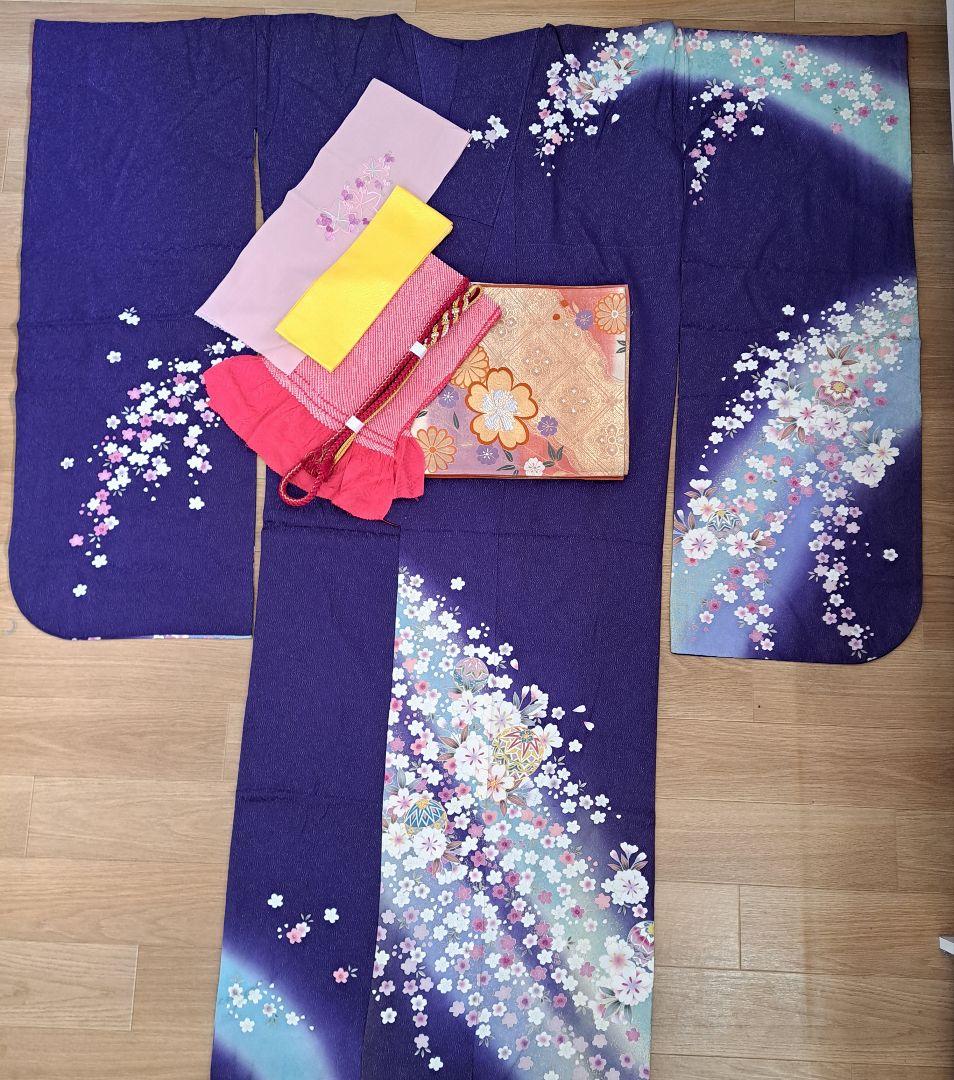未使用に近い フルセット 正絹振袖 ラメ入ブルー桜柄 成人式 卒業式に最適