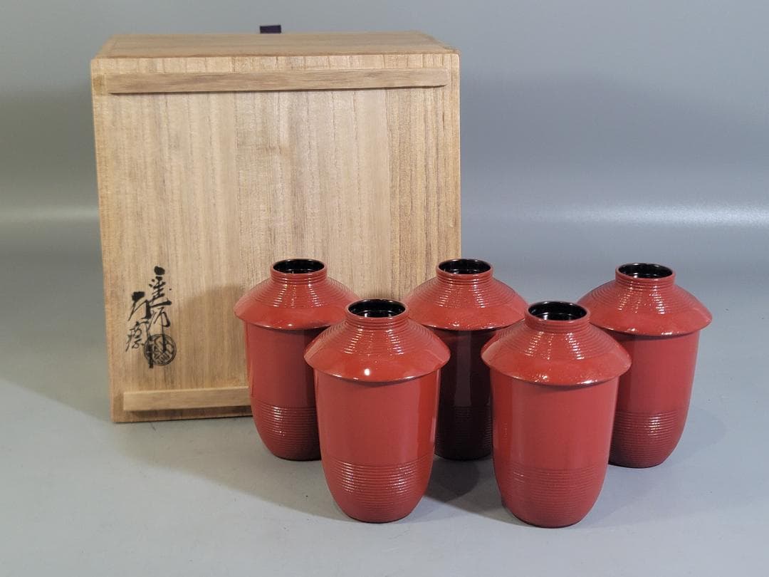 懐石器 朱漆 小吸物椀 5客 塗師 石斎 共箱 DT741