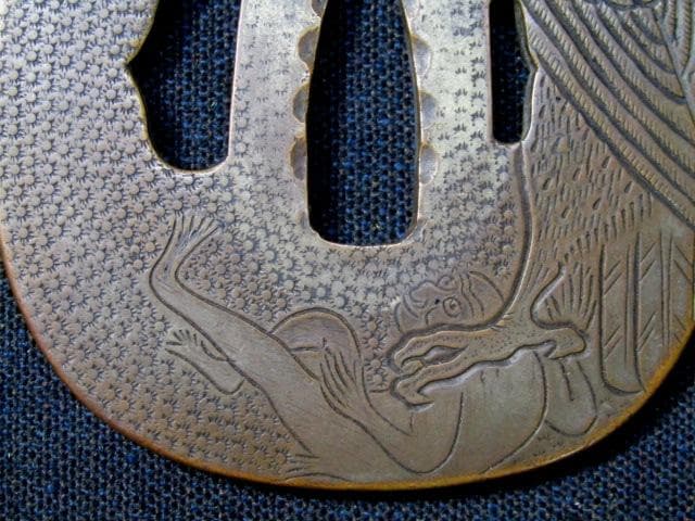 01★武具　刀装具　刀　脇差　銅鍔　肥後 甚吾　鷹の図　箱付★