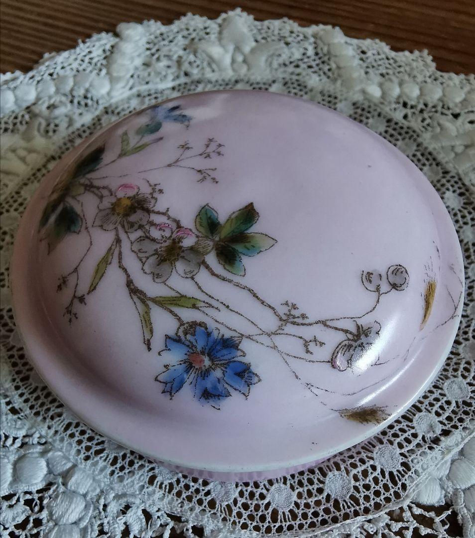 アンティーク リモージュ 手描き山野草 トリンケットジュエリーケース 蓋付陶器