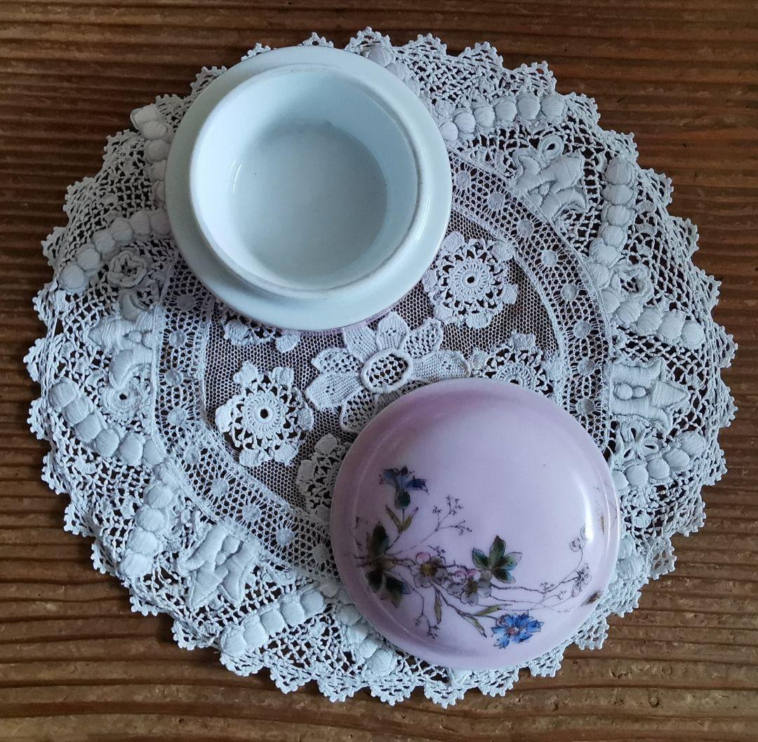 アンティーク リモージュ 手描き山野草 トリンケットジュエリーケース 蓋付陶器