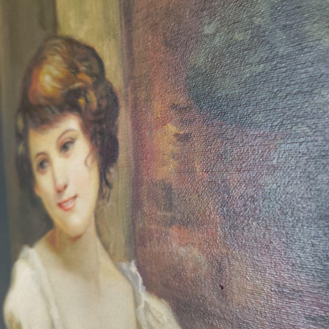 大型絵画　金縁額縁入り　女性絵　鶏　窓　アンティーク　洋風　油絵　洋間　ホテル