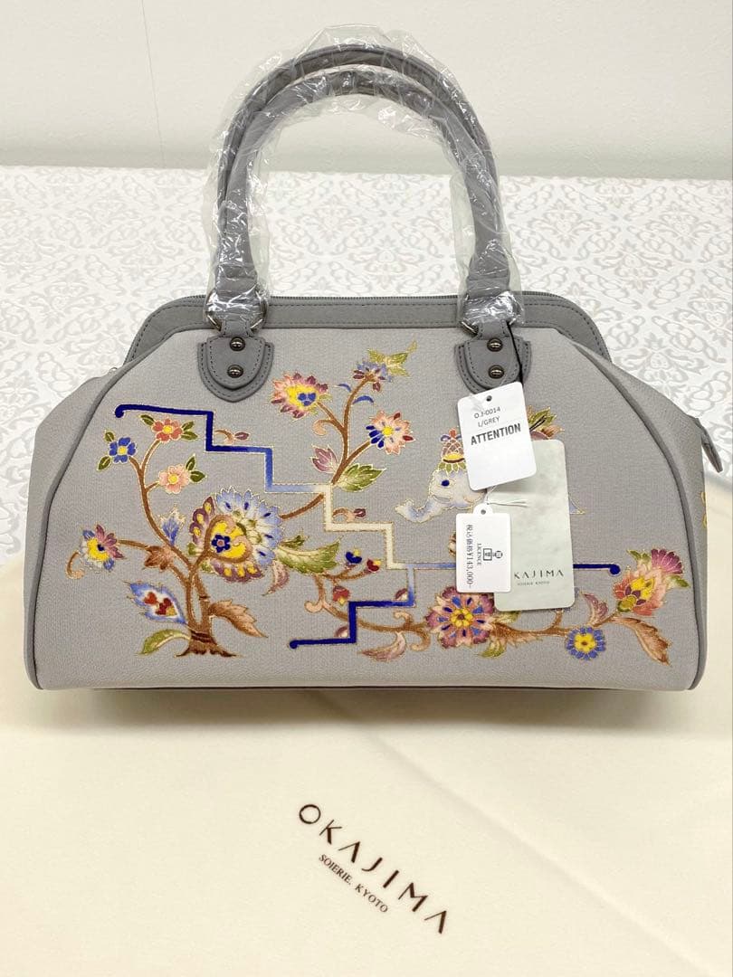 岡重謹製 未使用品 OKAJIMA バッグ 京友禅 金彩 象 唐花 正絹