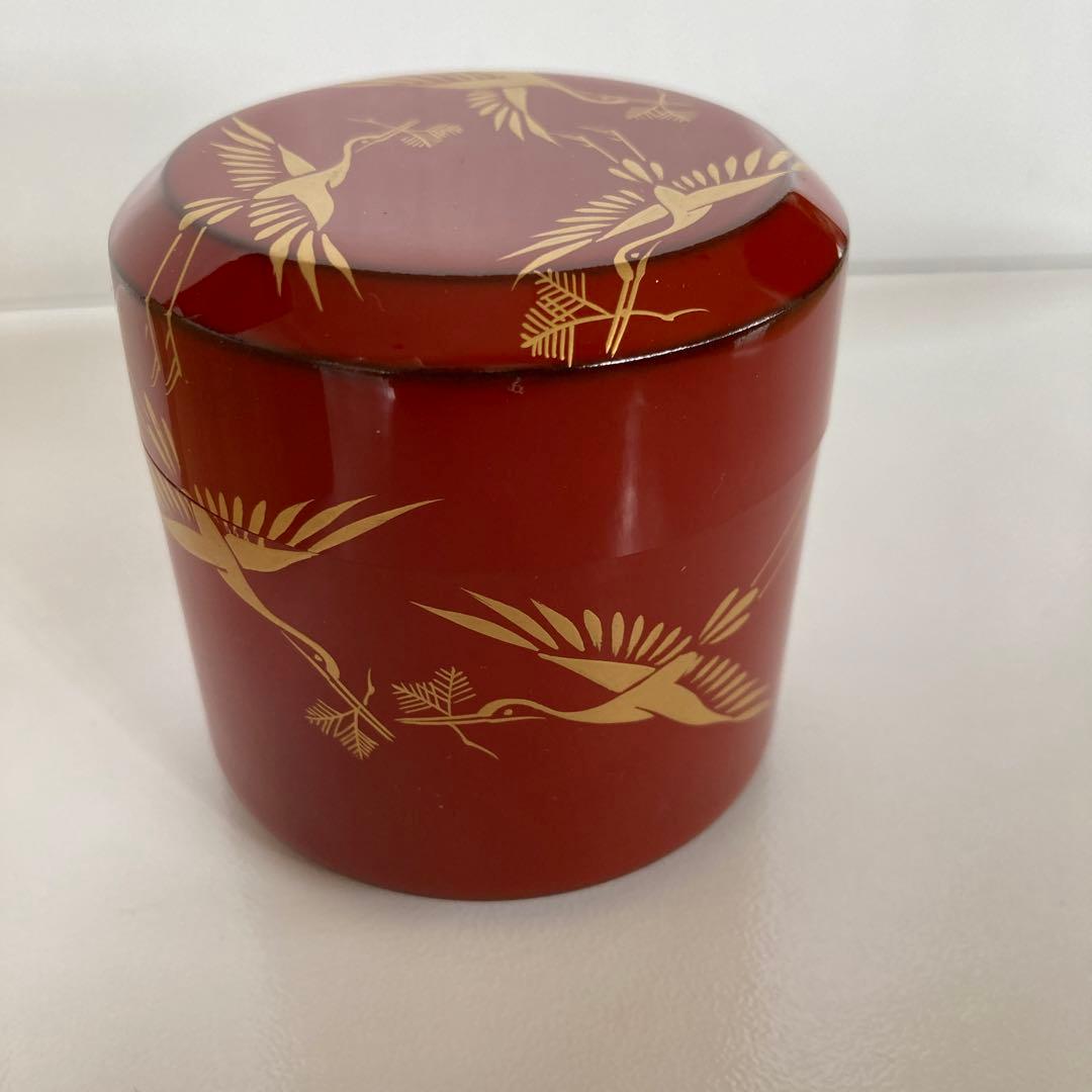 松喰鶴蒔絵　朱塗吹雪茶入れ　茶道具