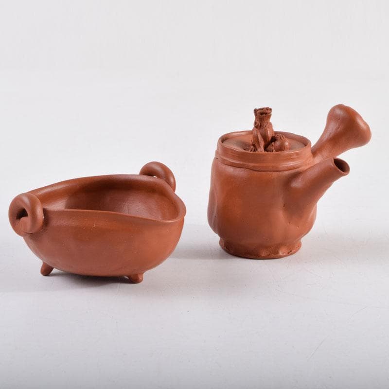 常滑焼　間野弥平作　朱泥　手捻り　小さな茶器揃　共布共箱　V　8964